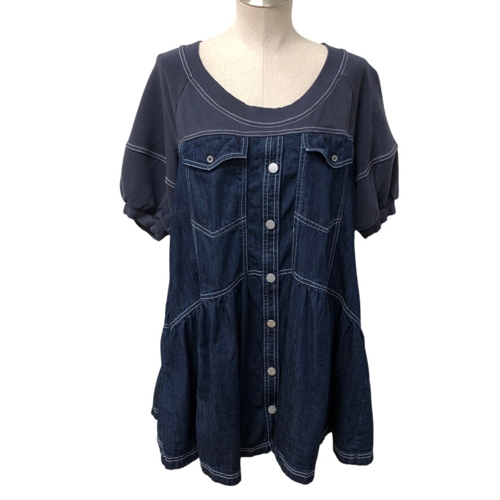 Pilcro Tunic Womens Medium Blue Denim Mixed Media Button Front Puff Sleeve